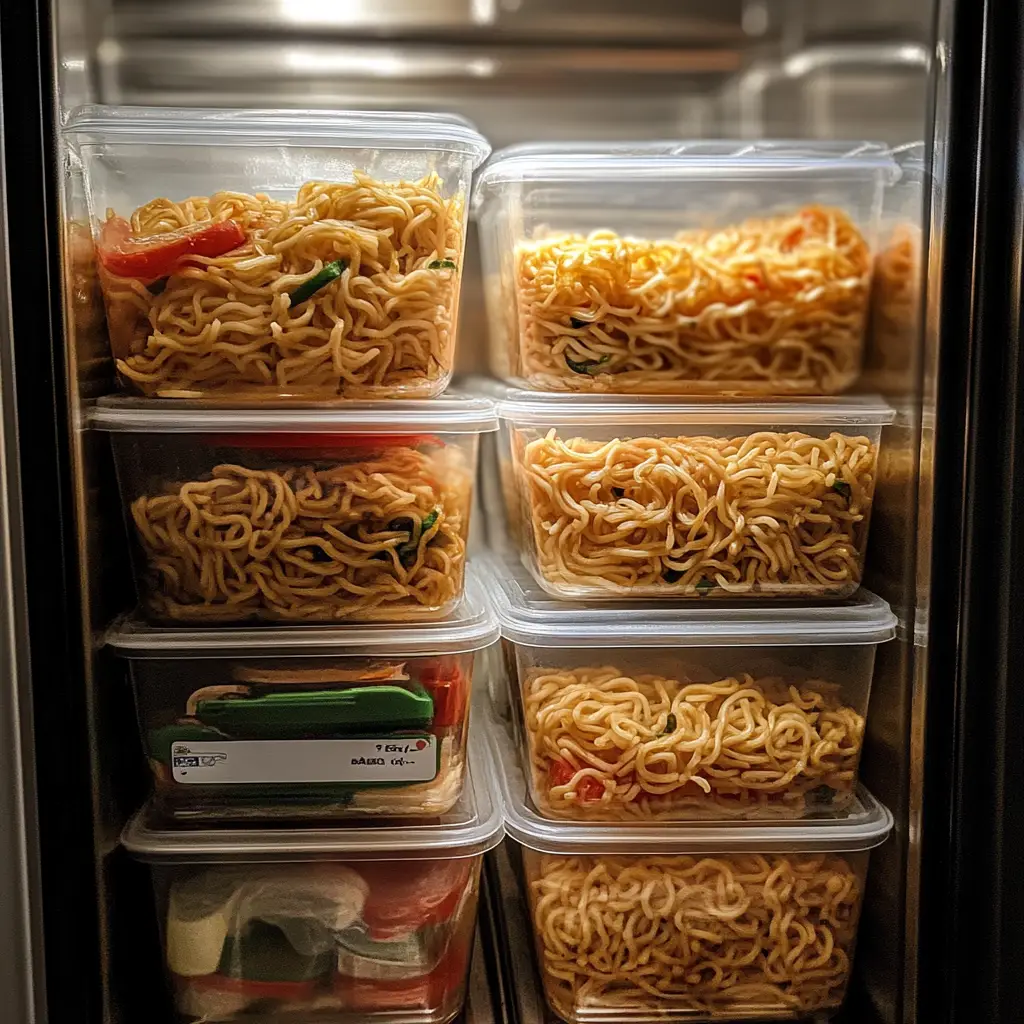 Storing leftover cafeteria noodles in containers